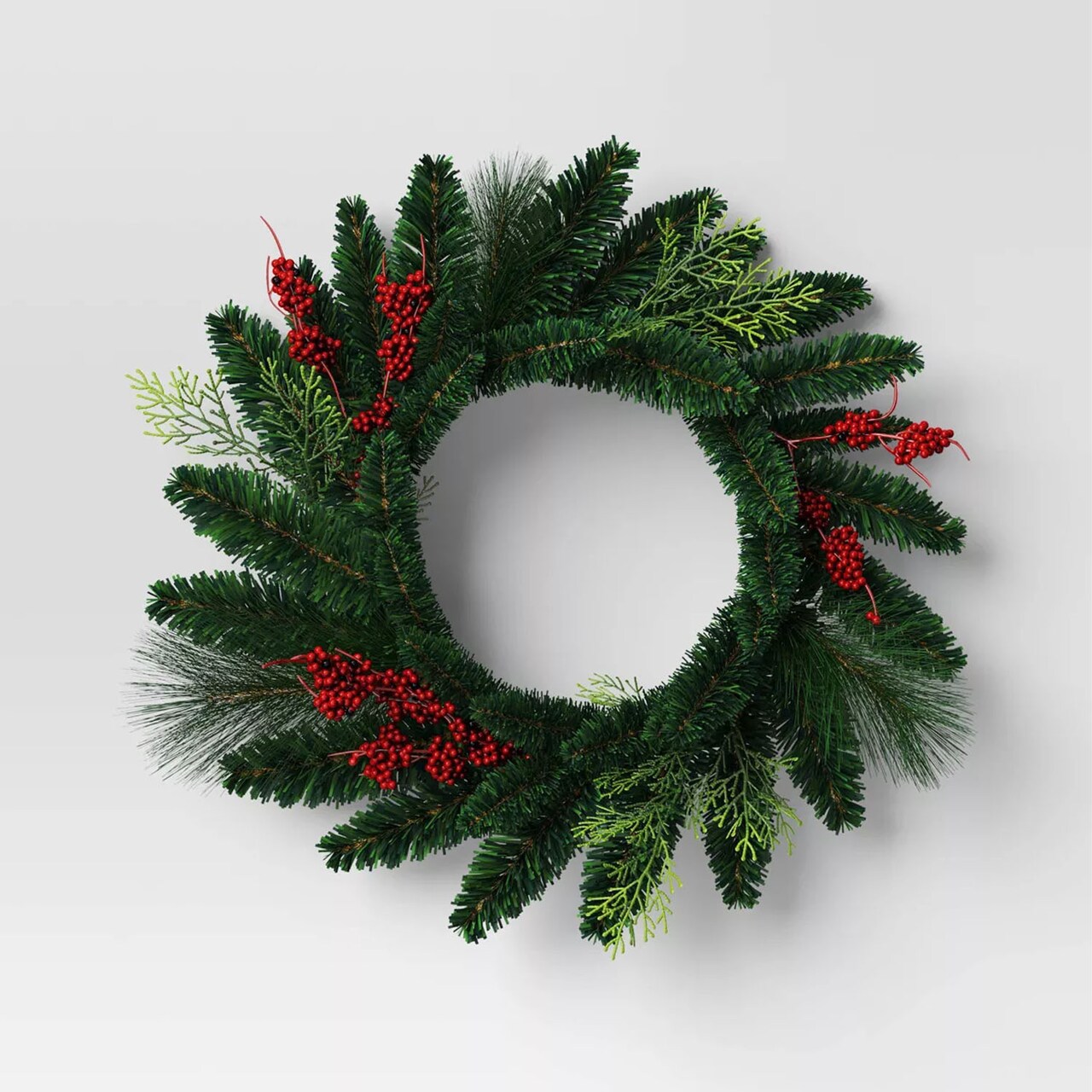 20" Unlit Christmas Greenery Wreath with Red Berries Holiday Door or Wall Decoration